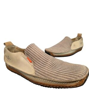J BRAND‎ Kew Mens 10 Striped Canvas Leather Slip On Loafers Beige